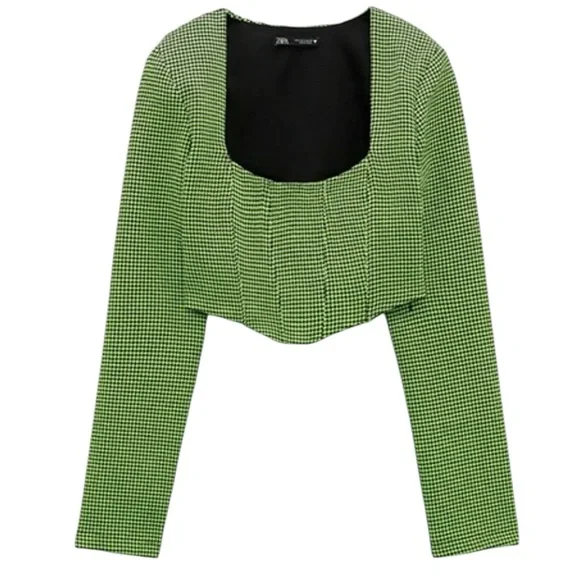 ZARA NWTS NEON GREEN HOUNDSTOOTH CORSET TOP SZ SM - Picture 2 of 5